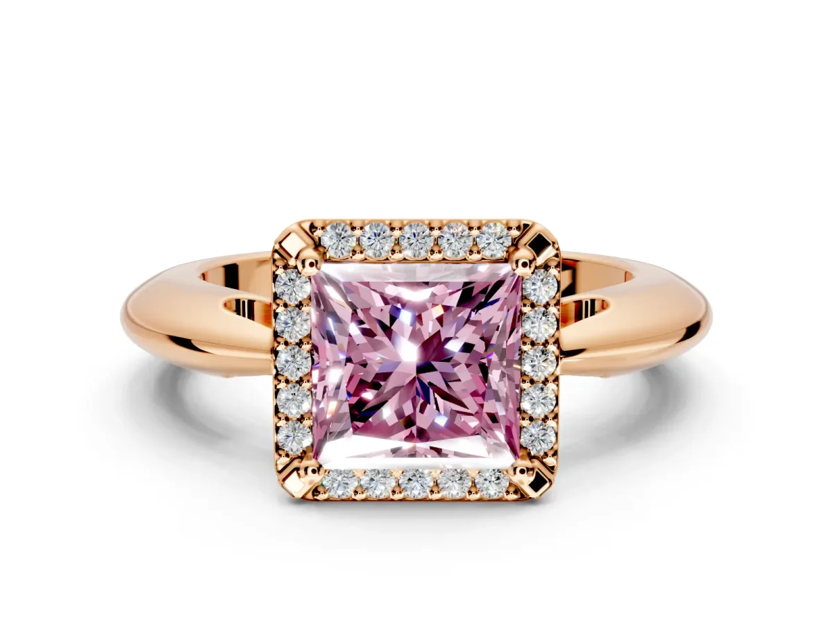 Halo Engagement Ring Setting for Fancy Pink Princess Cut Center with Tapered Plain Band and Prong Head in Rose Gold