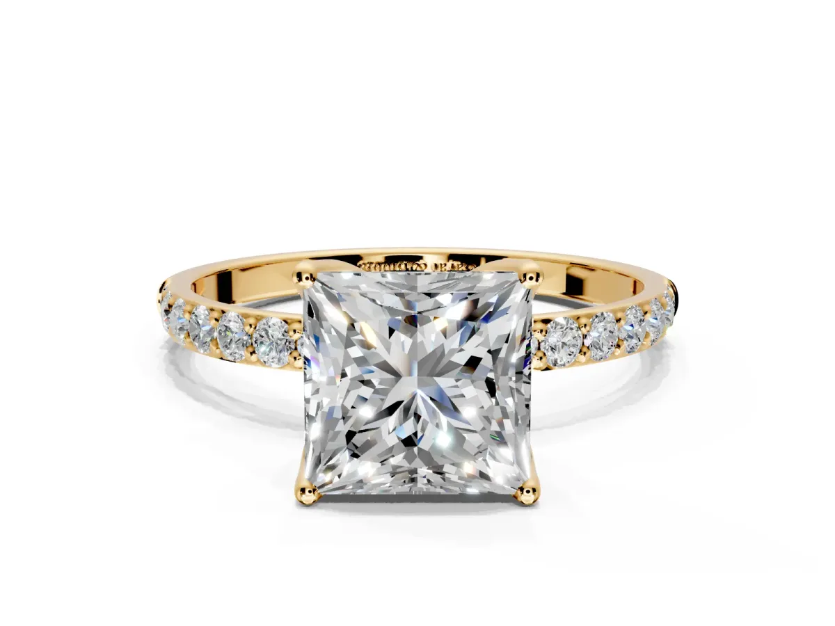 Solitaire Engagement Ring Setting for Princess Cut Center with Fine Pave Accents and Prong Head in Yellow Gold