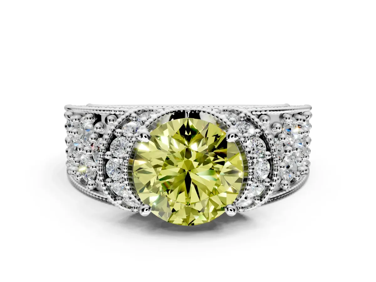 Pave Engagement Ring Setting for Fancy Yellow Round Cut Center with Curved Accent Rows, Openwork and Prong Head in Sterling Silver