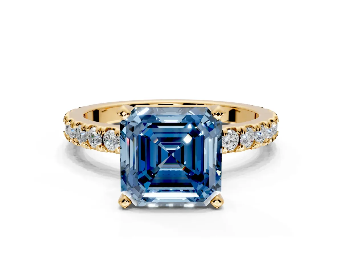 Solitaire Engagement Ring Setting for Fancy Blue Asscher Cut Center with Fine Pave Band and Claw Prong Head in Yellow Gold