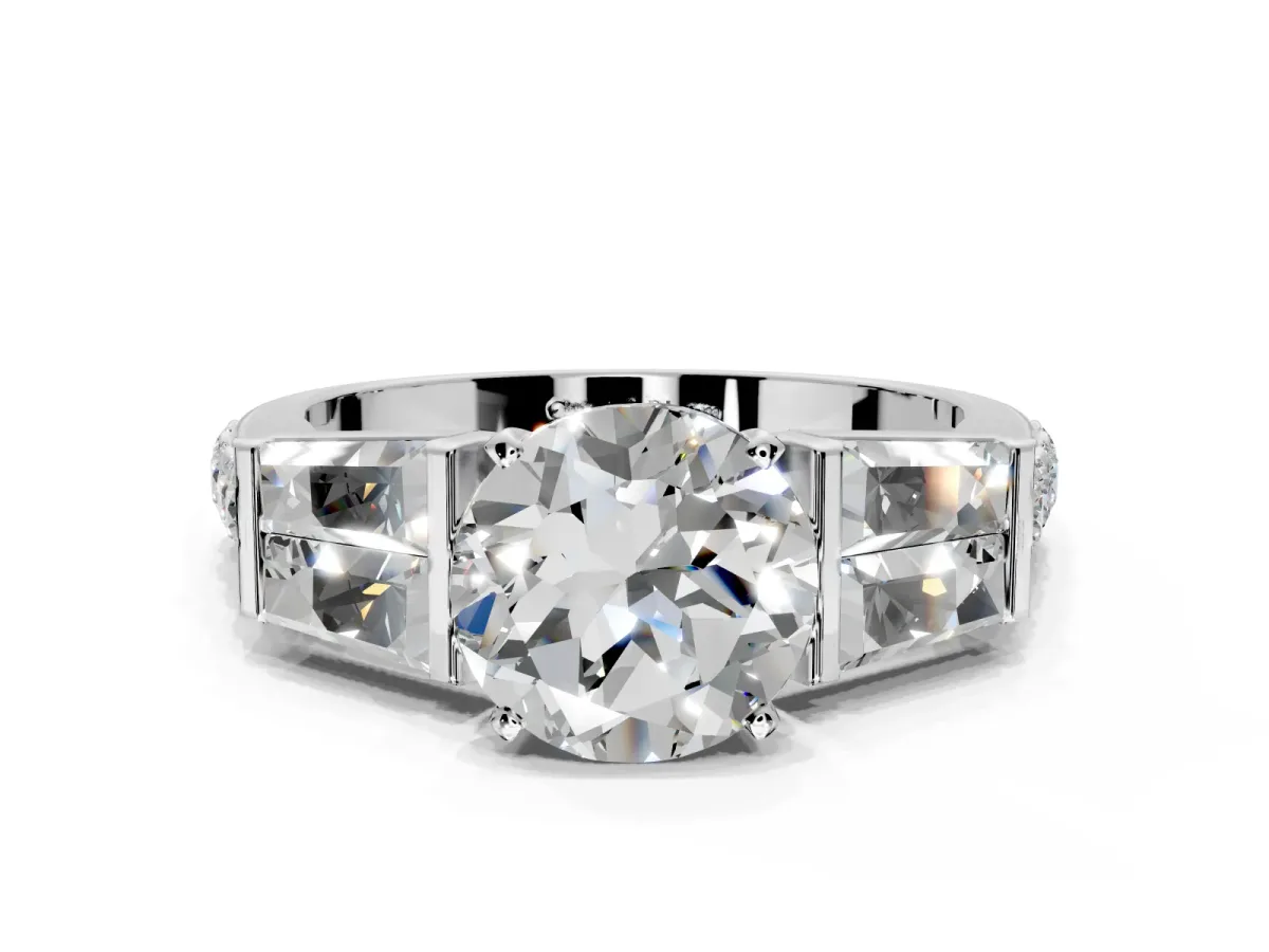 Channel-Set Engagement Ring Setting for Round Cut Center with Baguette Band and Prong Head in Sterling Silver