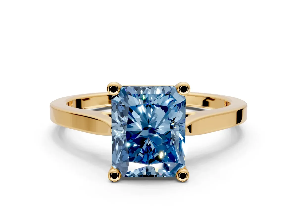 Solitaire Engagement Ring Setting for Fancy Blue Radiant Cut Center with Tapered Shoulders and Prong Head in Yellow Gold