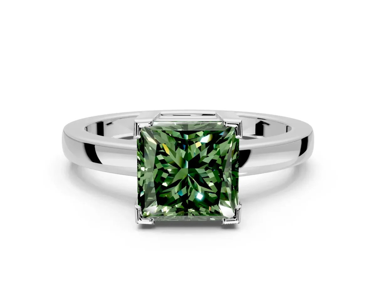 Solitaire Engagement Ring Setting for Fancy Green Princess Cut Center with Plain Band and Flat Tab Prong Head in Platinum