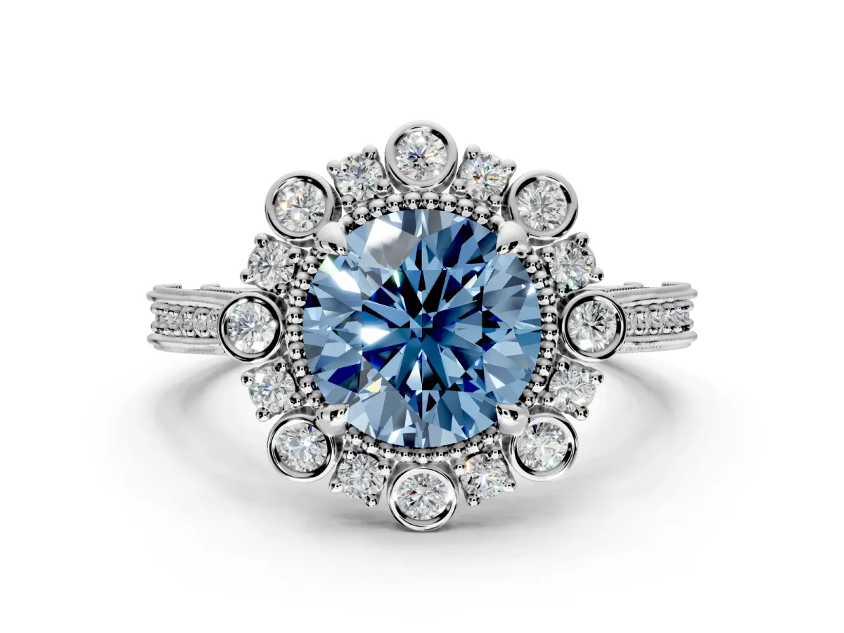 Milgrain Halo Engagement Ring Setting for Fancy Blue Round Cut Center with Bezel Point Accents and Prong Head in Platinum
