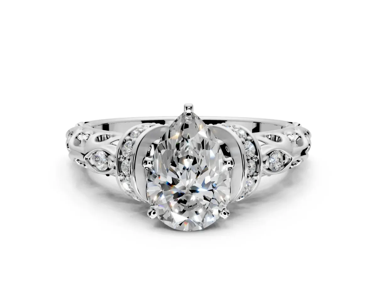 Solitaire Engagement Ring Setting for Pear-Shaped Center with Filigree Band and Prong Head in Platinum