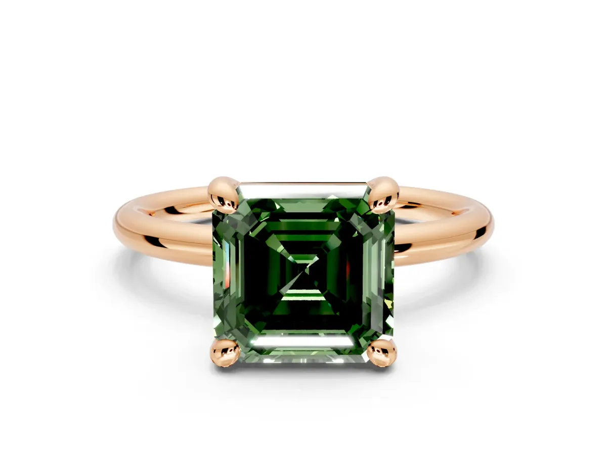 Low-Set Solitaire Engagement Ring Setting for Fancy Green Asscher Cut Center with Thin Plain Band and Prong Head in Rose Gold