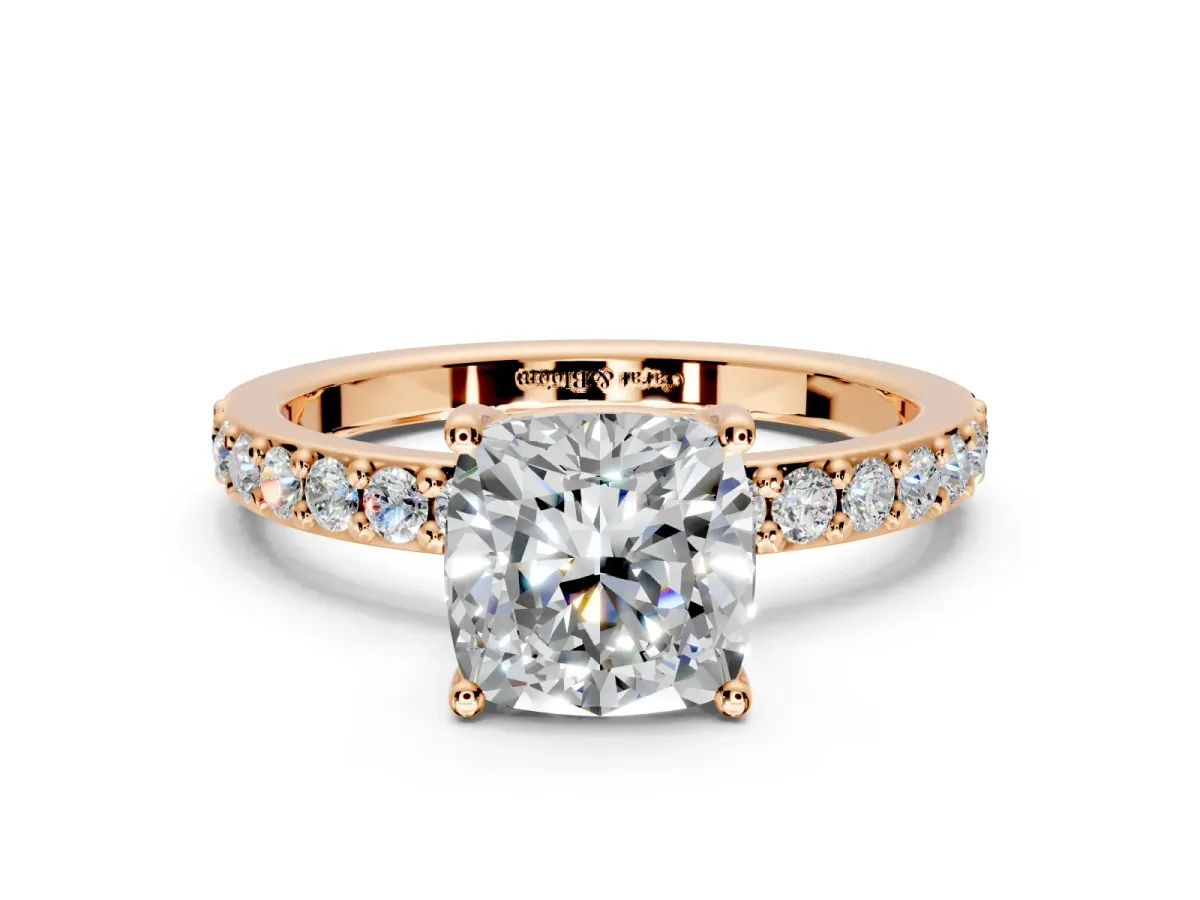 Solitaire Engagement Ring Setting for Cushion Cut Center with Round Cut Pave Band and Prong Head in Rose Gold