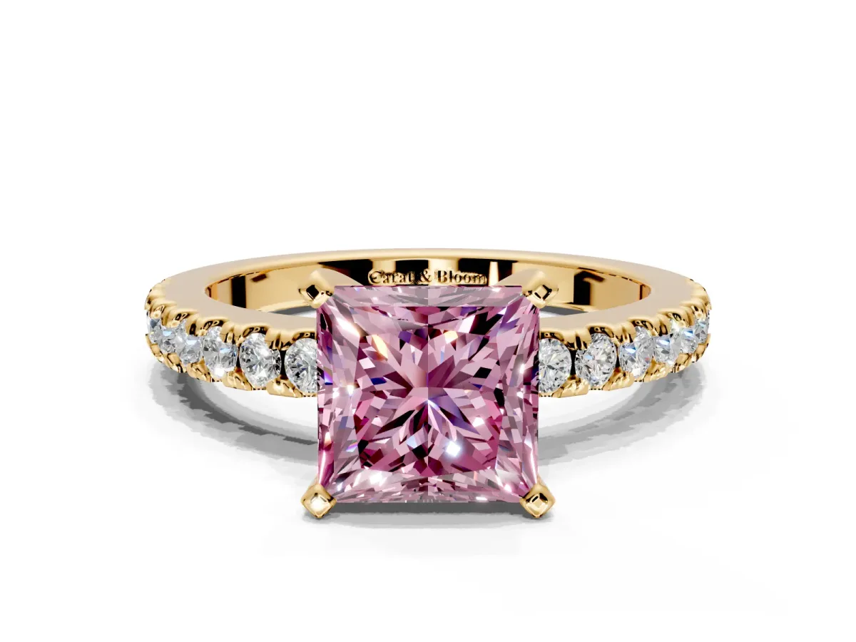 Solitaire Engagement Ring Setting for Fancy Pink Princess Cut Center with Single Row Accent Band and Prong Head in Yellow Gold