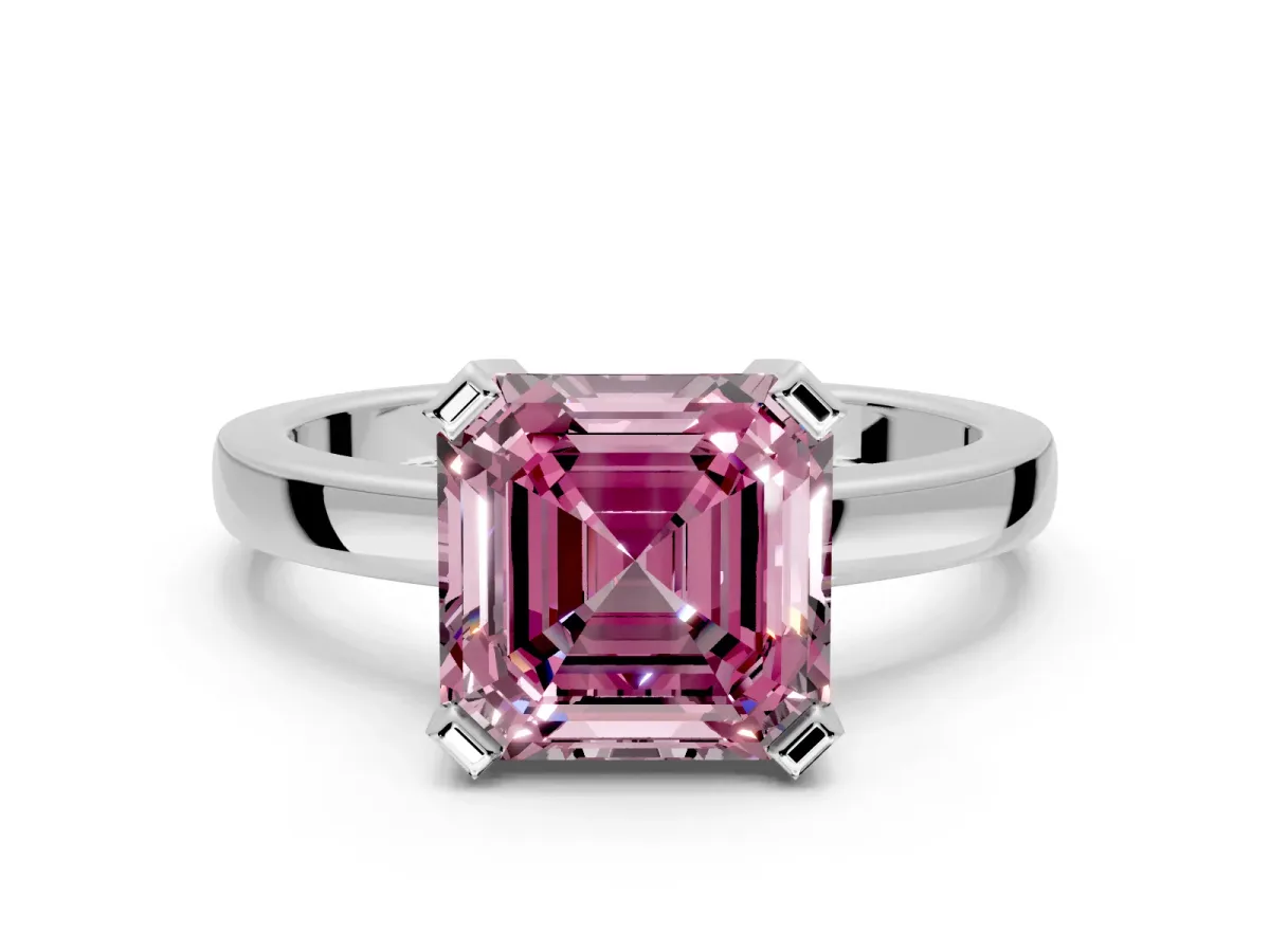 Solitaire Engagement Ring Setting for Fancy Pink Asscher Cut Center with Plain Band and Flat Tab Prong Head in White Gold