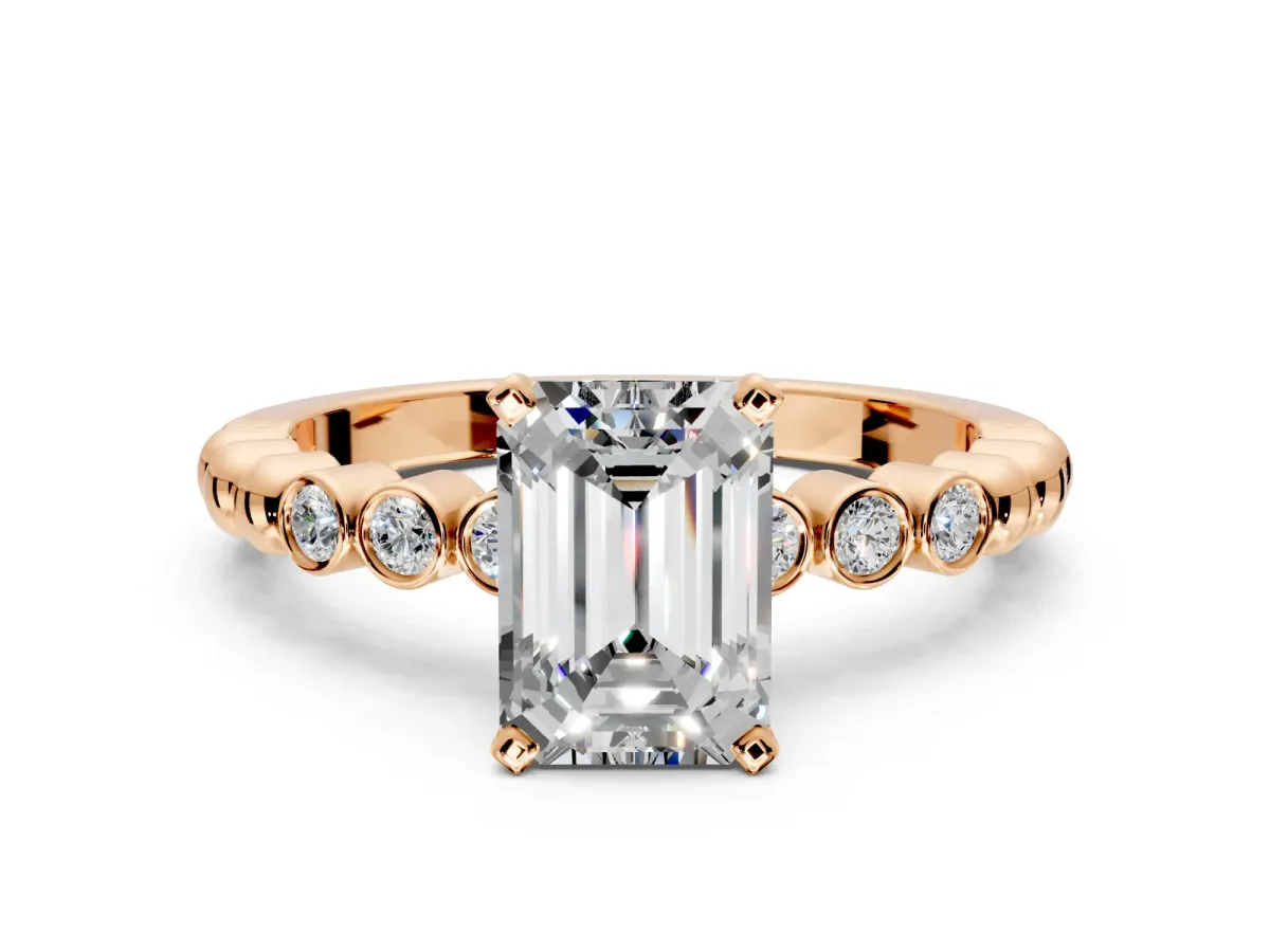 Solitaire Engagement Ring Setting for Emerald Cut Center with Bezel-Dot Beaded Band and Prong Head in Rose Gold