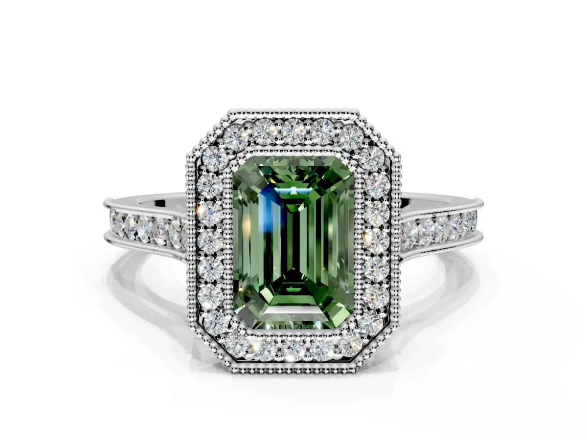Halo Engagement Ring Setting for Fancy Green Emerald Cut Center with Milgrain Pave Band and Bezel Head in Sterling Silver