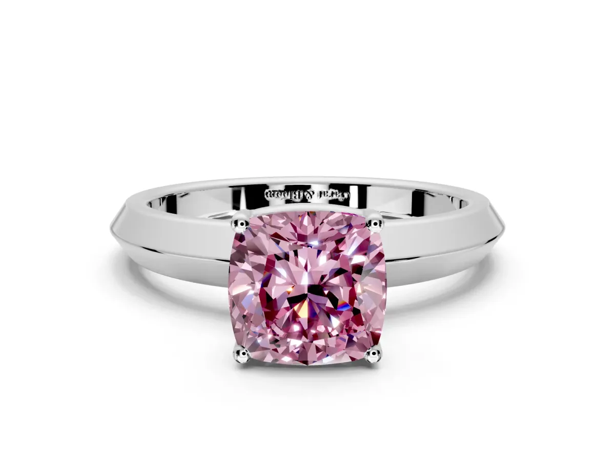 Solitaire Engagement Ring Setting for Fancy Pink Cushion Cut Center with Wide Knife Ridge Band and Prong Head in White Gold
