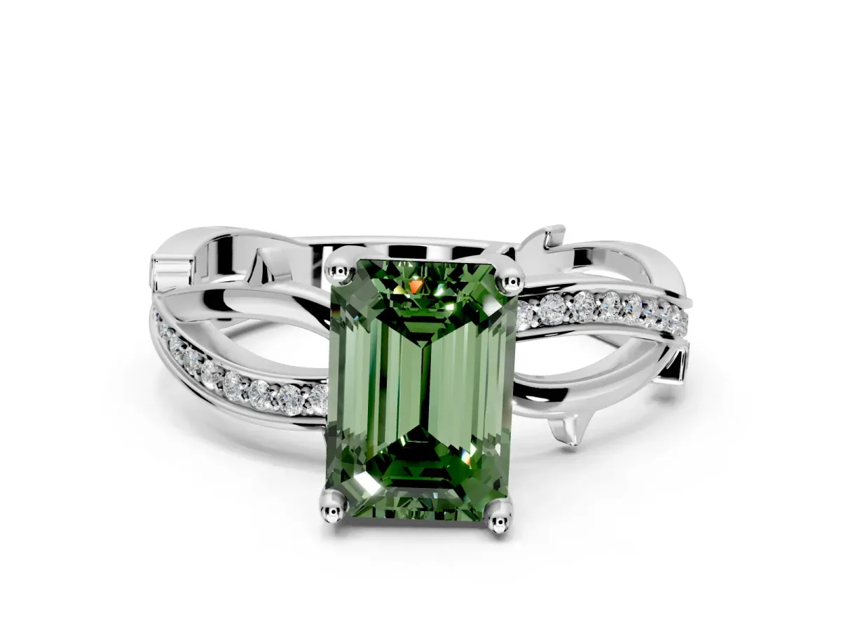 Solitaire Engagement Ring Setting for Fancy Green Emerald Cut Center with Pave and Plain Crossover Band and Prong Head in Platinum