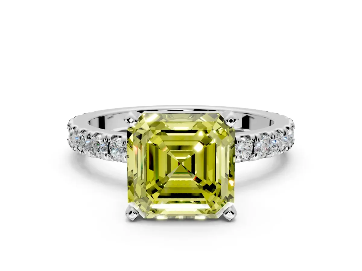 Solitaire Engagement Ring Setting for Fancy Yellow Asscher Cut Center with Fine Pave Band and Claw Prong Head in Platinum