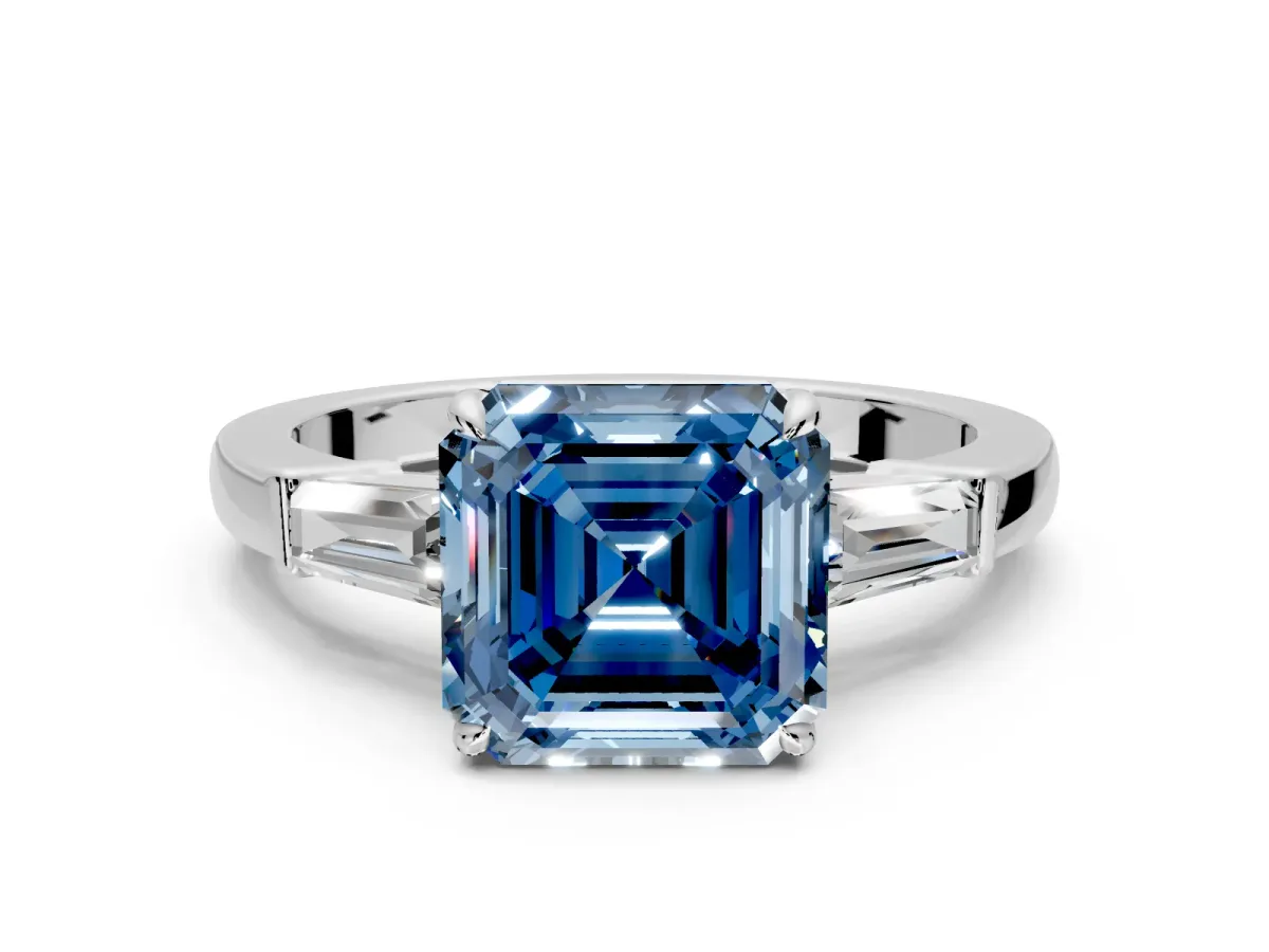 3 Stone Engagement Ring Setting for Fancy Blue Asscher Cut Center with Baguette Accents and Prong Head in Platinum