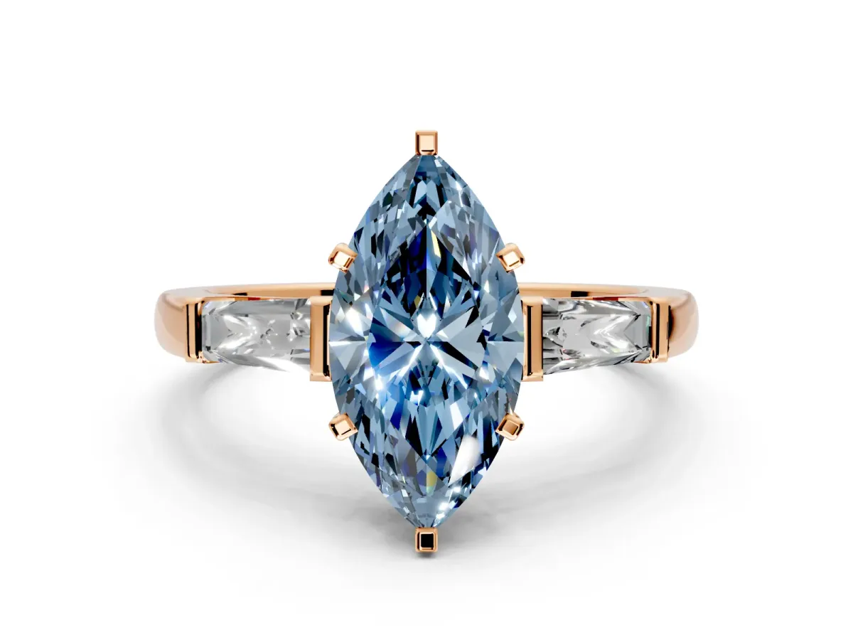 3 Stone Engagement Ring Setting for Fancy Blue Marquise Center with Tapered Baguettes, Plain Band and Prong Head in Rose Gold