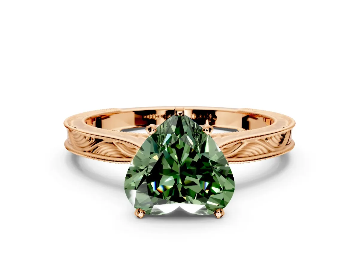 Solitaire Engagement Ring Setting for Fancy Green Heart-Shaped Center with Engraved Milgrain Band and Prong Head in Rose Gold
