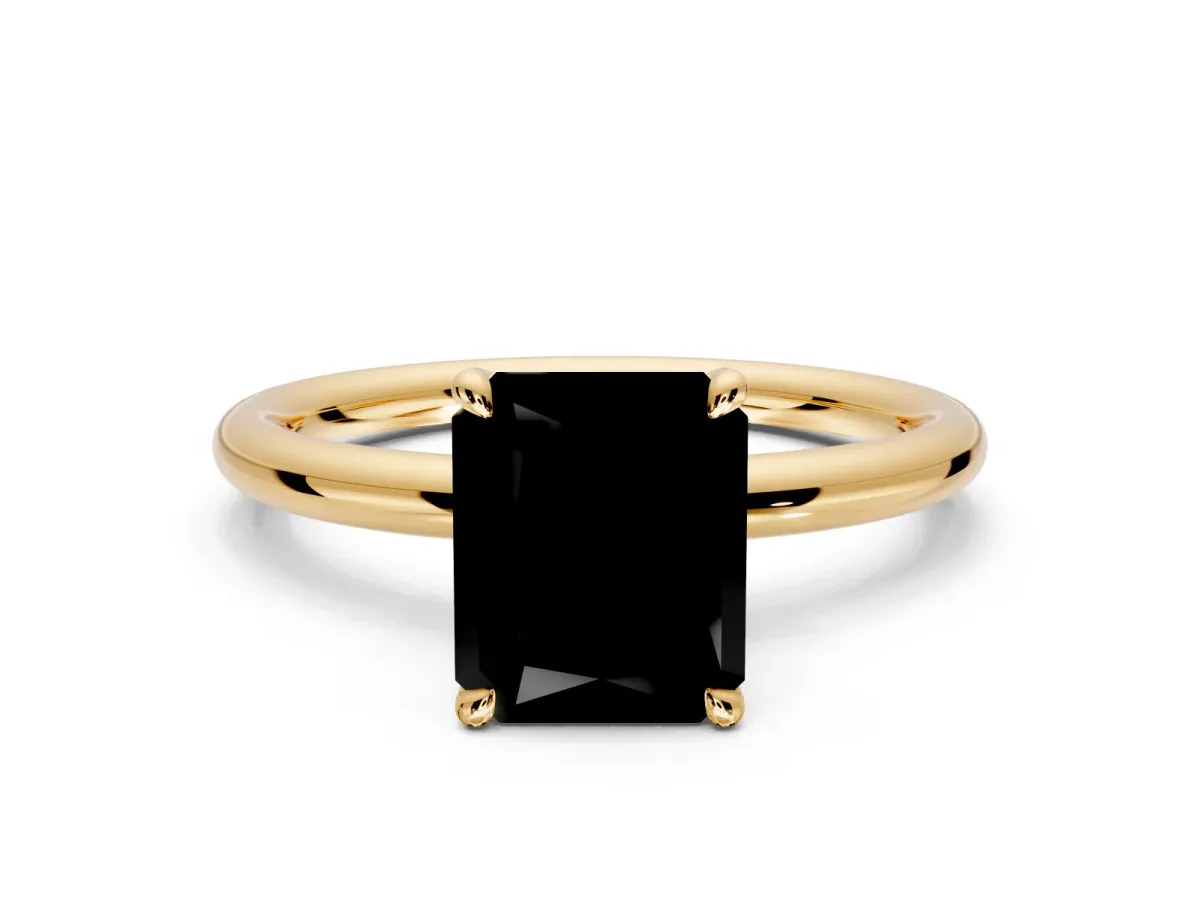 Hidden Halo Engagement Ring Setting for Fancy Black Radiant Cut Center with Thin Rounded Band and Prong Head in Yellow Gold