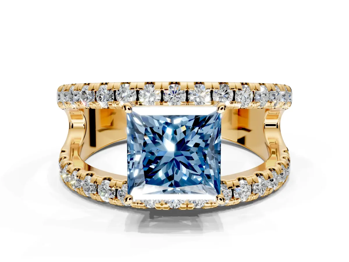 Solitaire Engagement Ring Setting for Fancy Blue Princess Cut Center with Wide-Open Split Shank and Prong Head in Yellow Gold