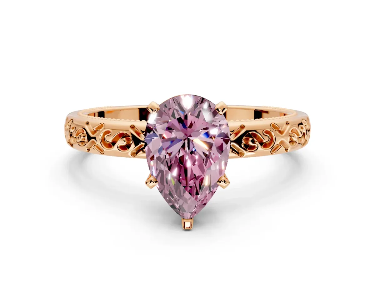 Solitaire Engagement Ring Setting for Fancy Pink Pear-Shaped Center with Scrollwork Band and Prong Head in Rose Gold