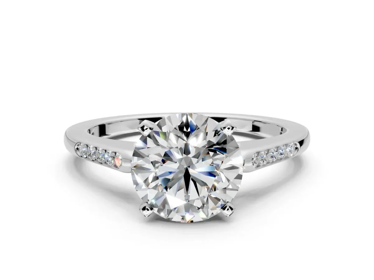 Solitaire Engagement Ring Setting for Round Cut Center with Channel Accents and Prong Head in Sterling Silver