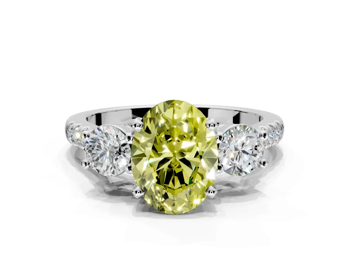 3 Stone Engagement Ring Setting for Fancy Yellow Oval Center with Crossover Basket, Pave Band and Prong Head in Platinum