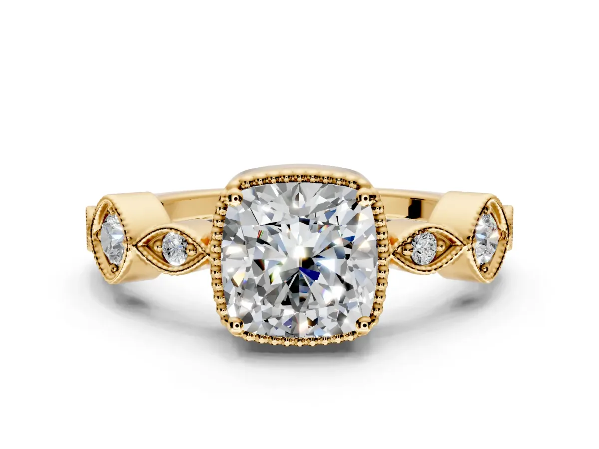 Vintage Station Engagement Ring Setting for Cushion Cut Center with Accents and Prong Head in Yellow Gold