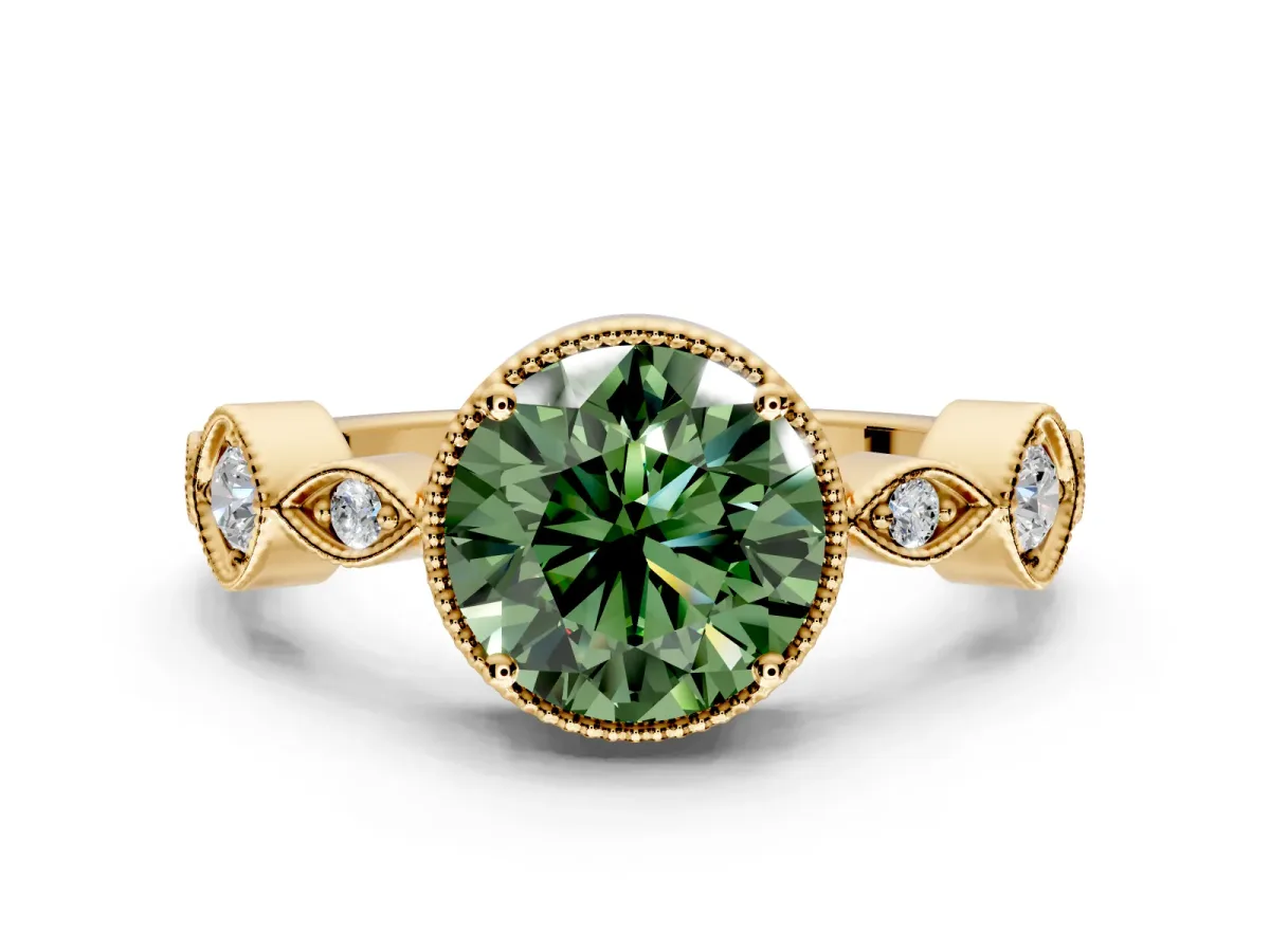 Vintage Station Engagement Ring Setting for Fancy Green Round Cut Center with Accents and Prong Head in Yellow Gold
