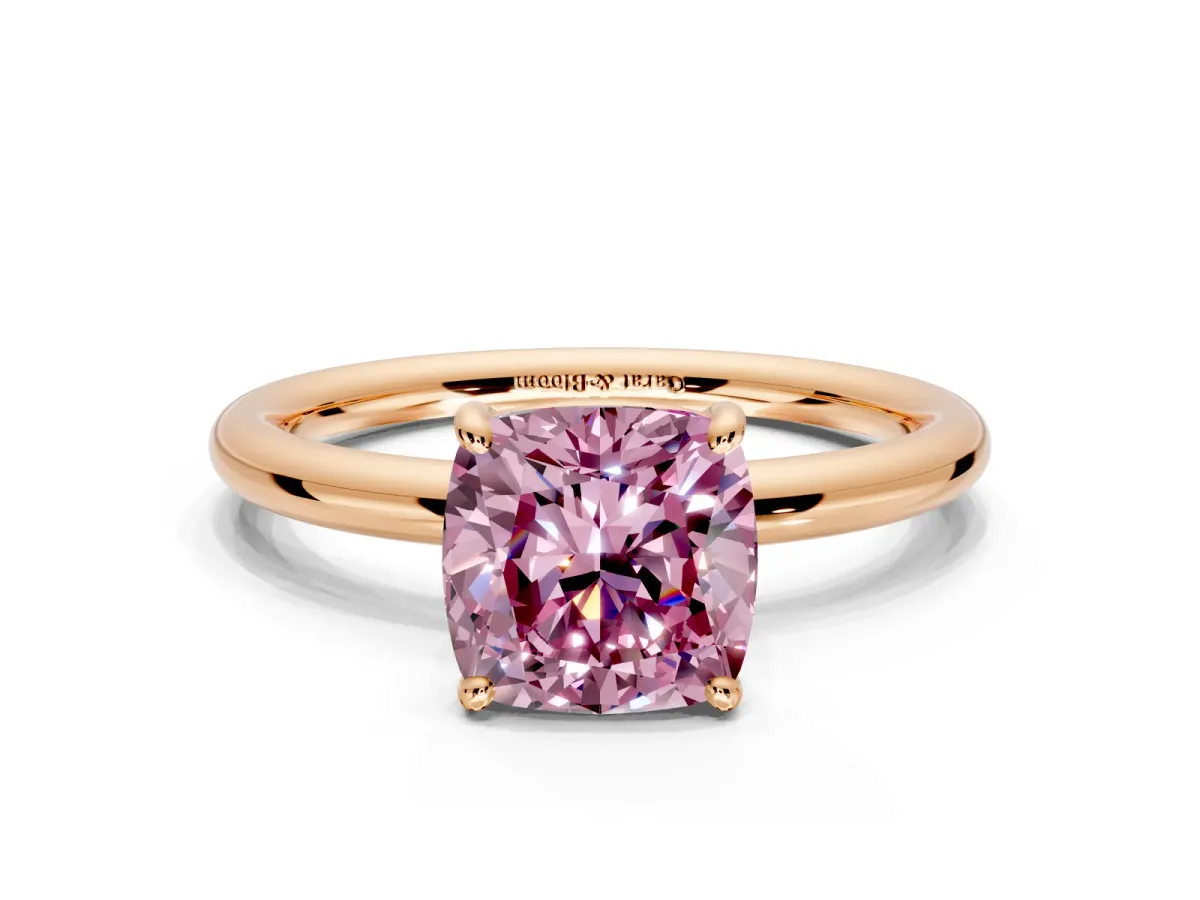 Low-Set Solitaire Engagement Ring Setting for Fancy Pink Cushion Cut Center with Thin Plain Band and Prong Head in Rose Gold
