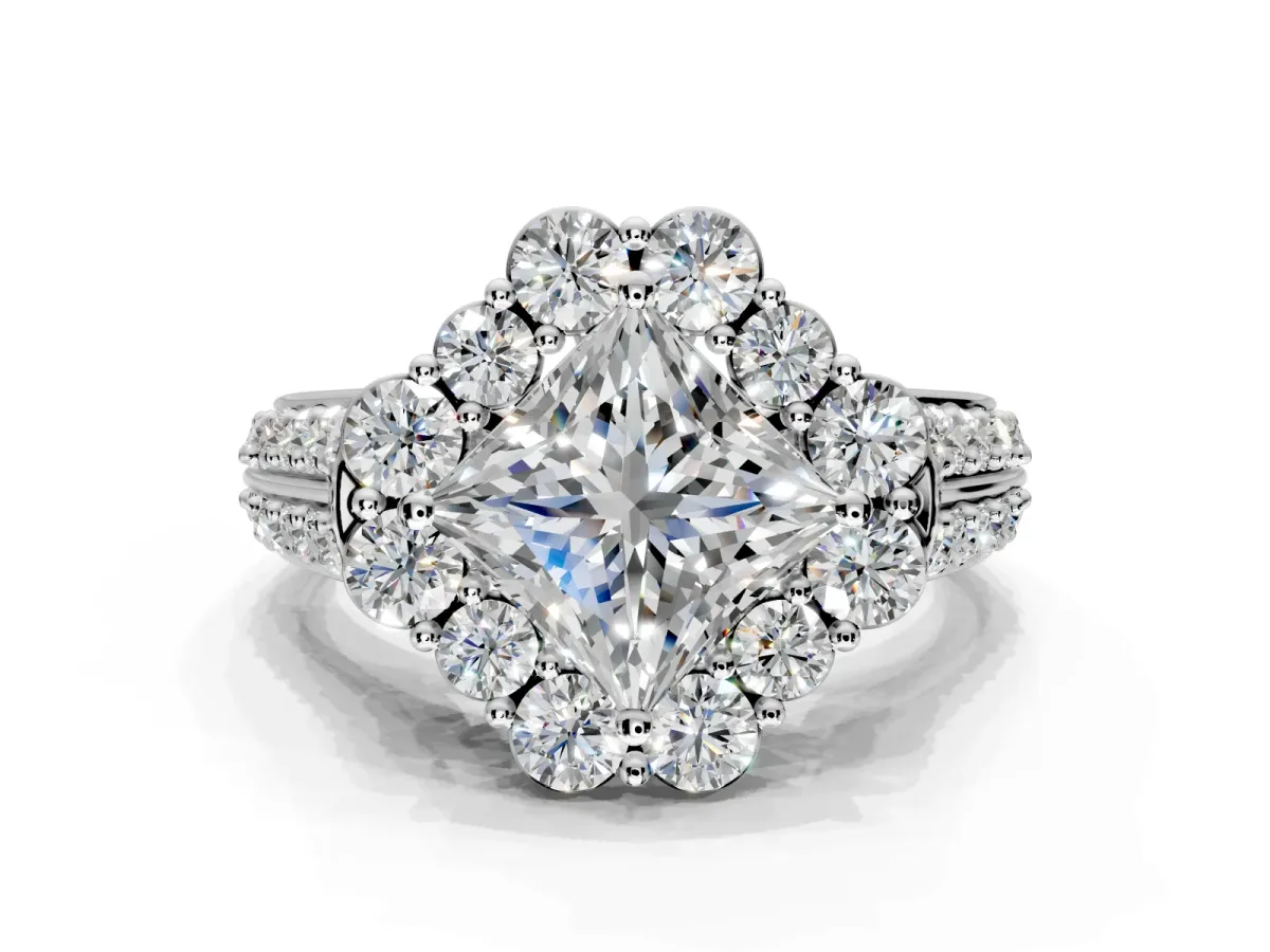 Large Accent Halo Engagement Ring Setting for Princess Cut Center with Pave Split Shank and Prong Head in White Gold