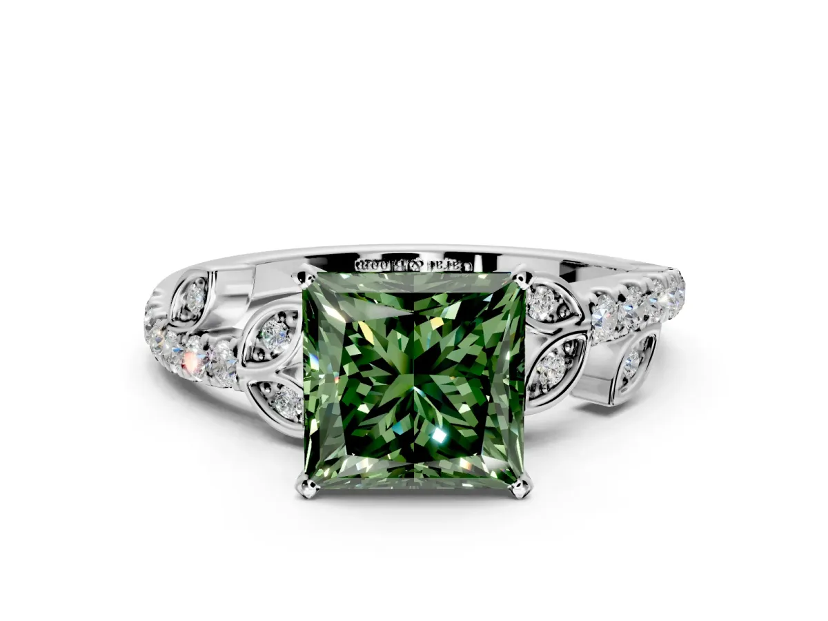 Leaf Motif Engagement Ring Setting for Fancy Green Princess Cut Center with Pave Band and Prong Head in Platinum