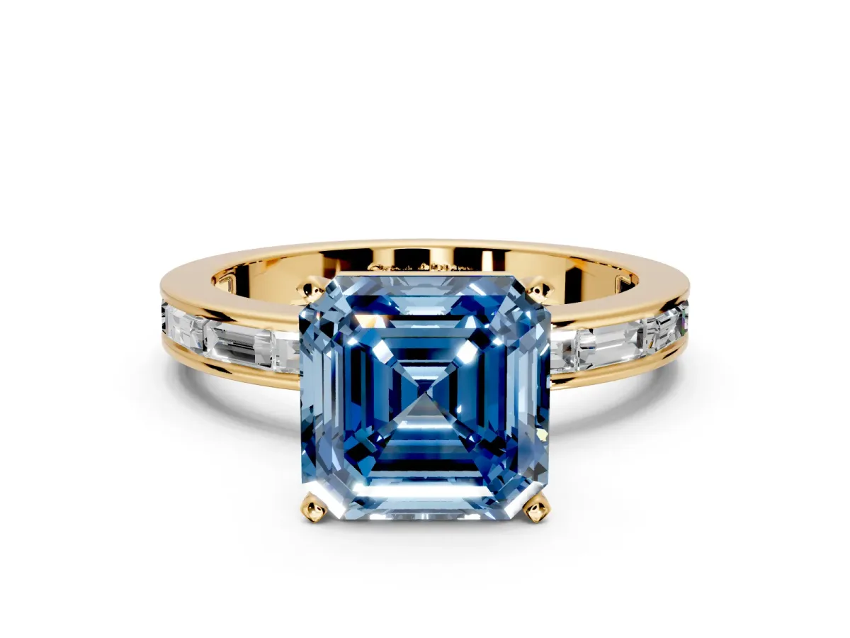 Solitaire Engagement Ring Setting for Fancy Blue Asscher Cut Center with Channel Baguette Band and Prong Head in Yellow Gold