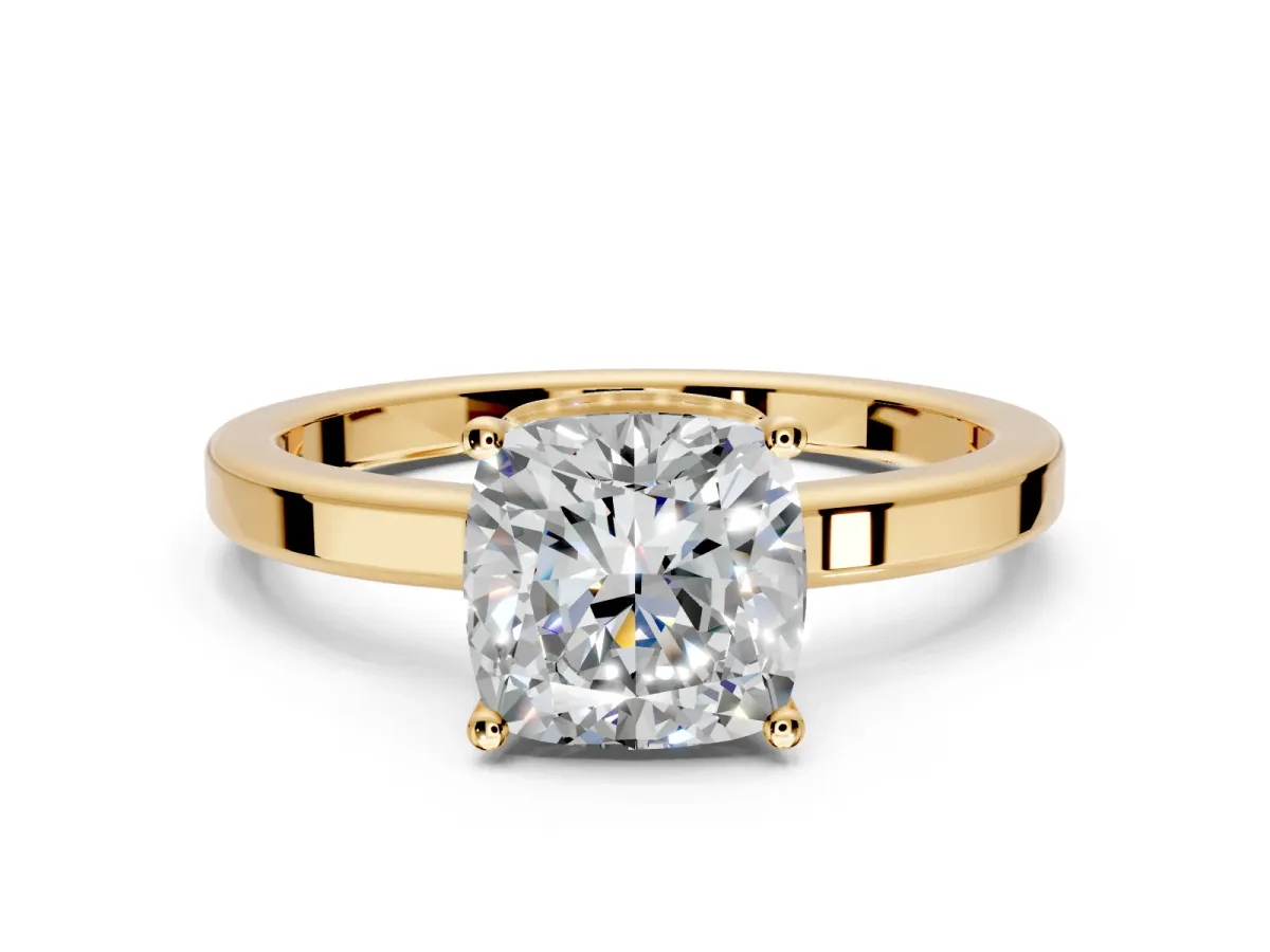 Hidden Halo Engagement Ring Setting for Cushion Cut Center with Wide Flat Plain Band and Prong Head in Yellow Gold
