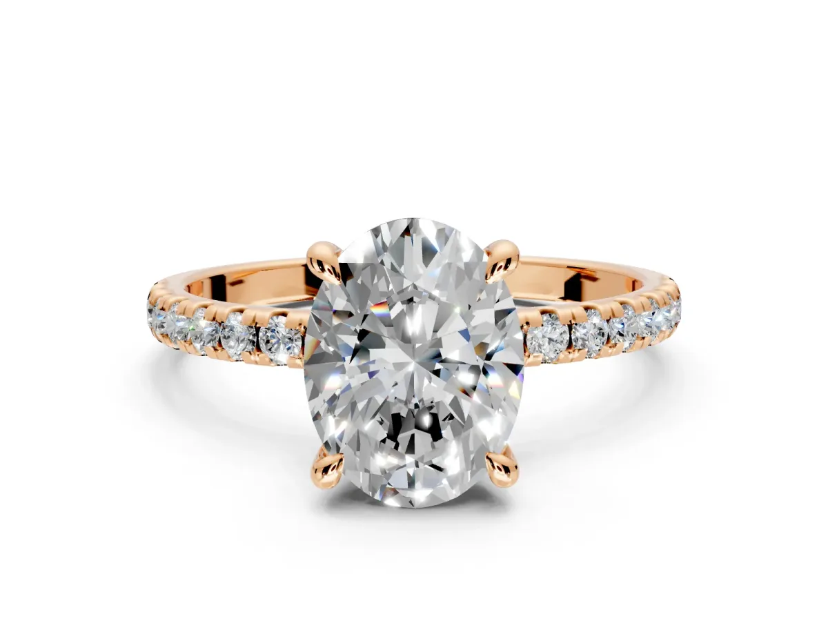 Solitaire Engagement Ring Setting for Oval Center with Fine Pave Narrow Band and Prong Head in Rose Gold