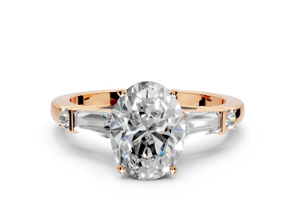 Bar-Set Engagement Ring Setting for Oval Center with Tapered Baguette Accents and Prong Head in Rose Gold