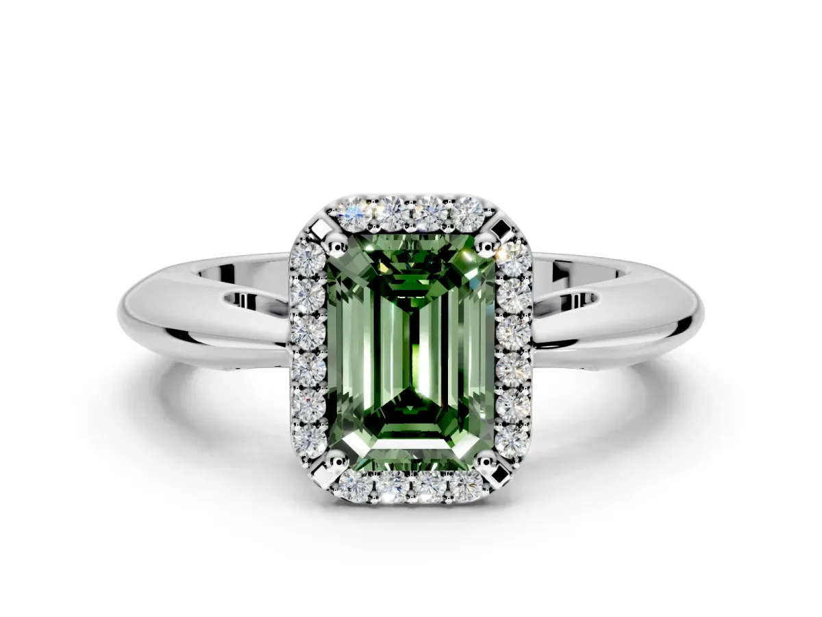 Halo Engagement Ring Setting for Fancy Green Emerald Cut Center with Tapered Plain Band and Prong Head in Sterling Silver