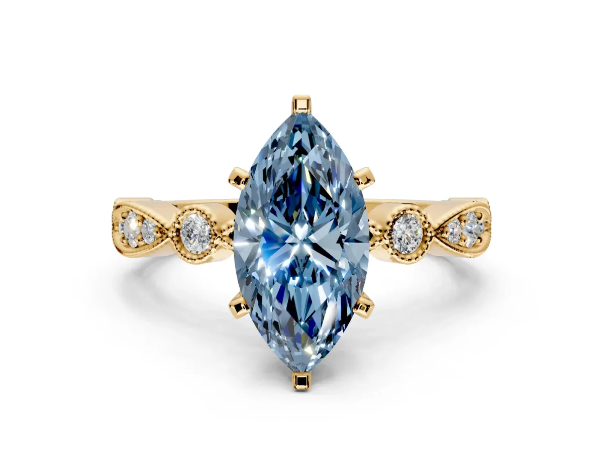 Solitaire Engagement Ring Setting for Fancy Blue Marquise Center with Milgrain Bezel Accents and Prong Head in Yellow Gold