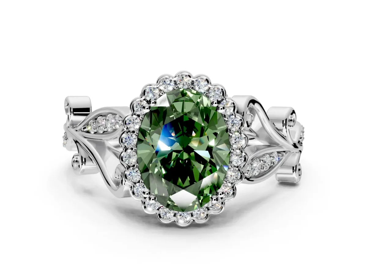 Halo Engagement Ring Setting for Fancy Green Oval Center with Leaf Motif Split Shank and Prong Head in Platinum