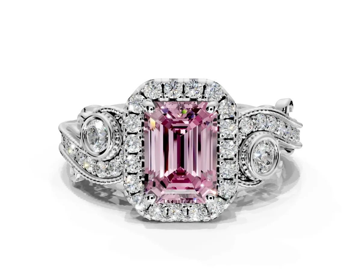 Milgrain Halo Engagement Ring Setting for Fancy Pink Emerald Cut Center with Shoulder Bezels and Prong Head in White Gold