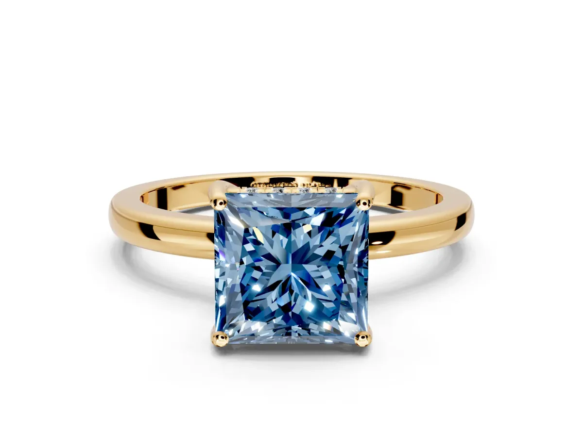 Solitaire Engagement Ring Setting for Fancy Blue Princess Cut Center with Fine Wire Band and Prong Head in Yellow Gold