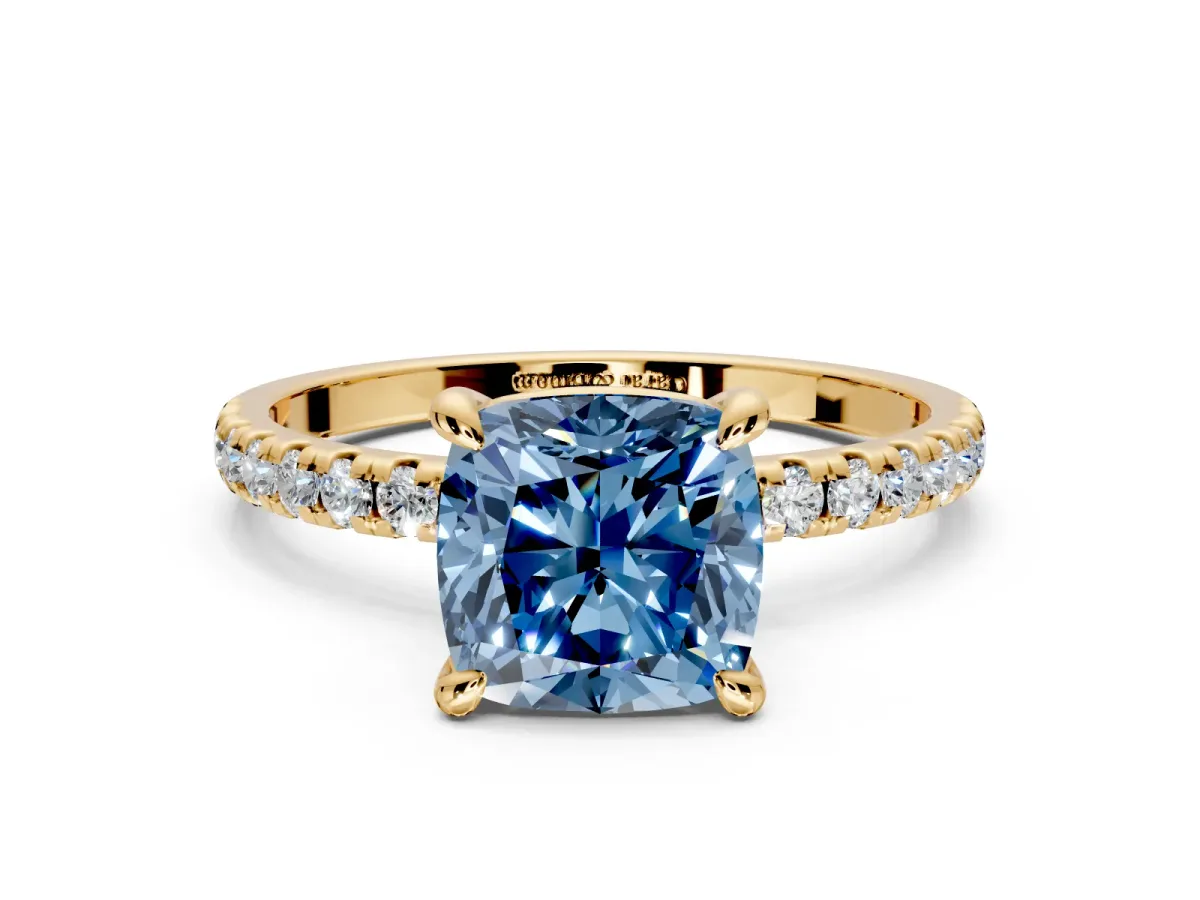 Solitaire Engagement Ring Setting for Fancy Blue Cushion Cut Center with Fine Pave Narrow Band and Prong Head in Yellow Gold