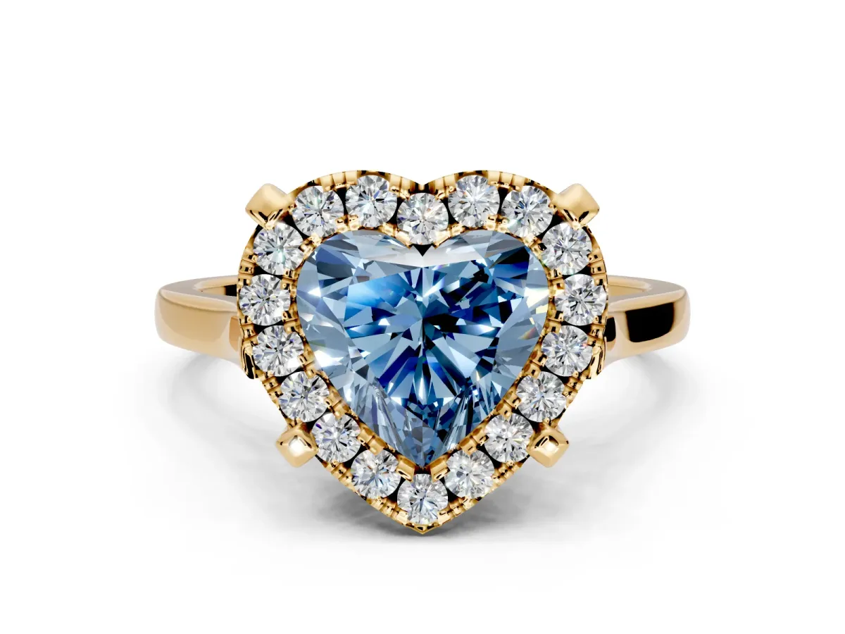 Single Halo Engagement Ring Setting for Fancy Blue Heart-Shaped Center with Corner Claws, Plain Band and Prong Head in Yellow Gold