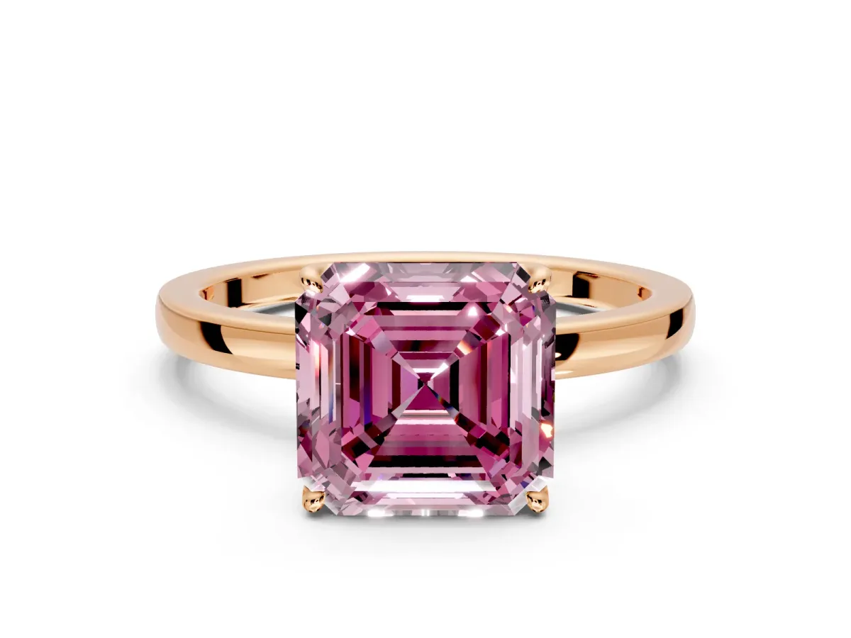 Solitaire Engagement Ring Setting for Fancy Pink Asscher Cut Center with Thin Rounded Plain Band and Prong Head in Rose Gold