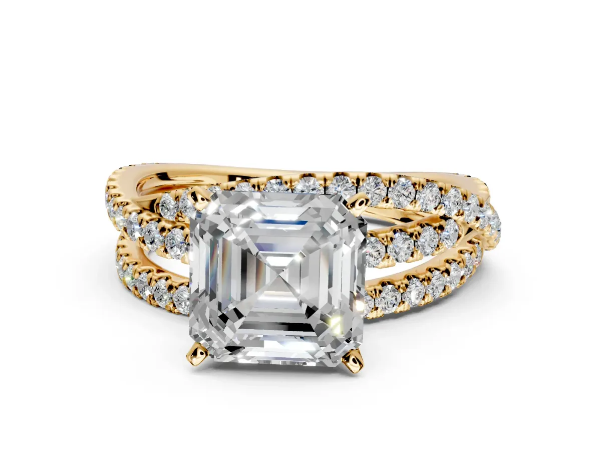 Solitaire Engagement Ring Setting for Asscher Cut Center with Woven 3-Strand Pave Band and Prong Head in Yellow Gold