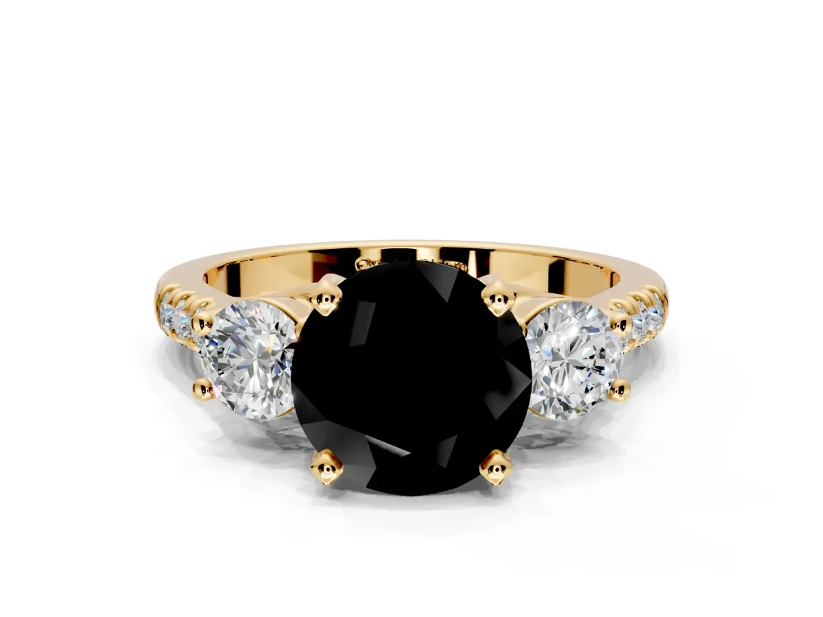 3 Stone Engagement Ring Setting for Fancy Black Round Cut Center with Crossover Basket, Pave Band and Prong Head in Yellow Gold