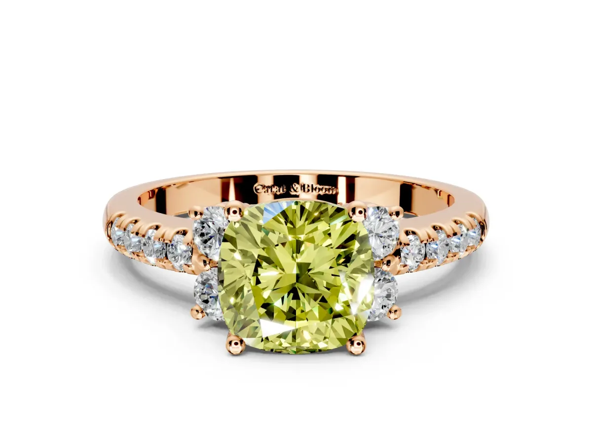Paired Accent Engagement Ring Setting for Fancy Yellow Cushion Cut Center with Pave Band and Prong Head in Rose Gold