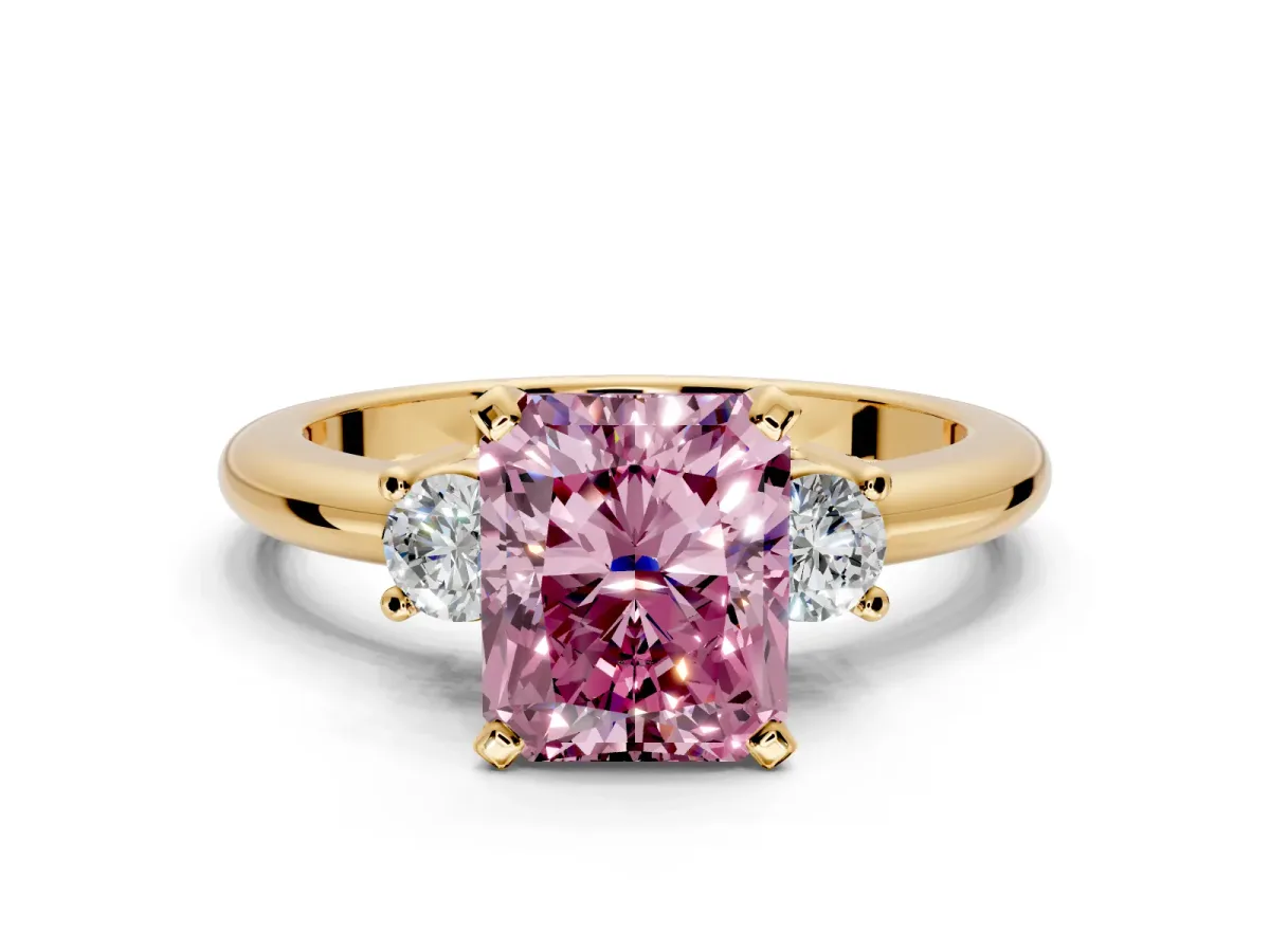 3 Stone Engagement Ring Setting for Fancy Pink Radiant Cut Center with Wide Plain Band and Prong Head in Yellow Gold