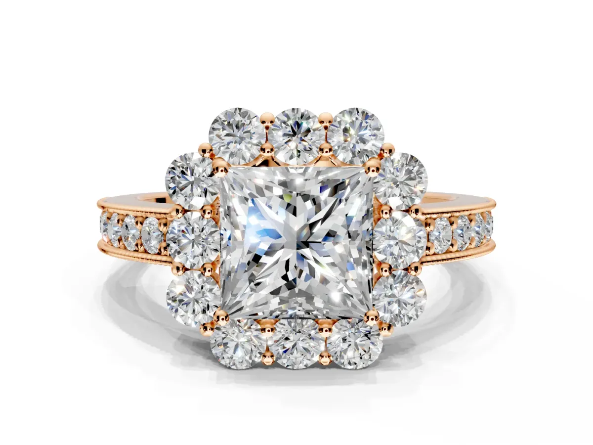 Halo Engagement Ring Setting for Princess Cut Center with Milgrain Channel Band and Prong Head in Rose Gold