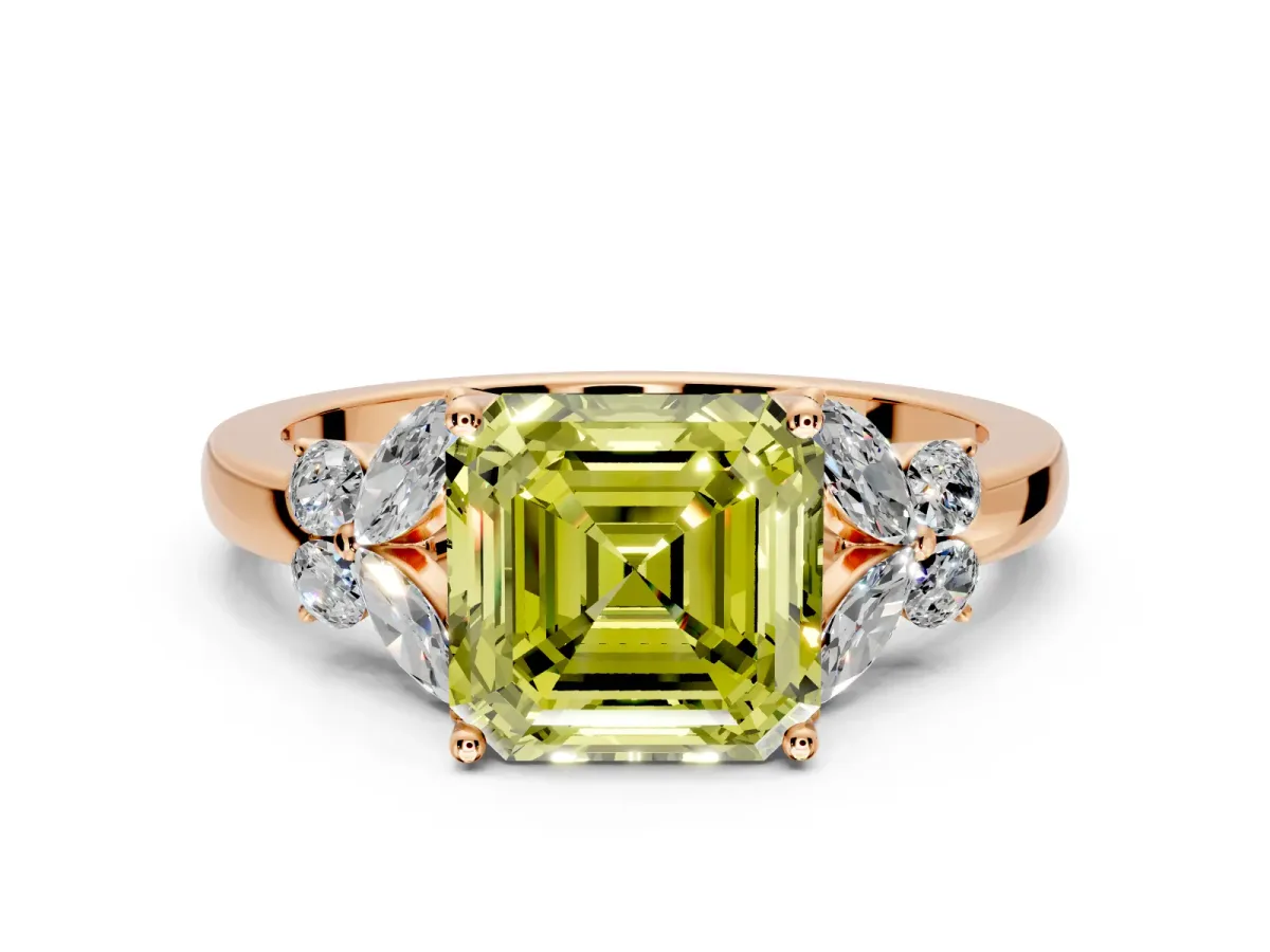 Solitaire Engagement Ring Setting for Fancy Yellow Asscher Cut Center with Marquise Flower Shoulders and Prong Head in Rose Gold