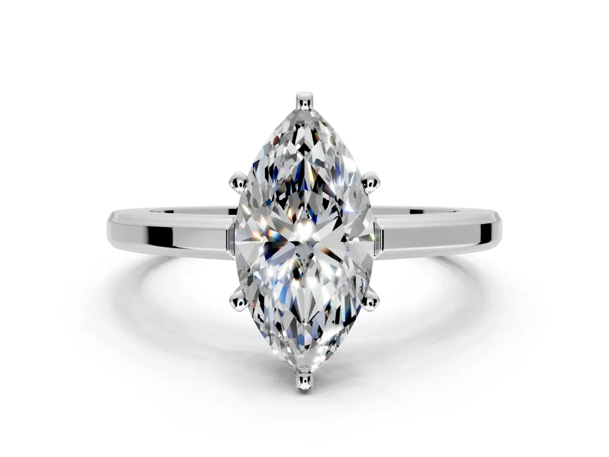 Solitaire Engagement Ring Setting for Marquise Center with Flat-Sided Plain Band and Prong Head in White Gold